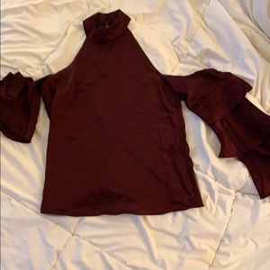 High neck off shoulder satin wine colored top
